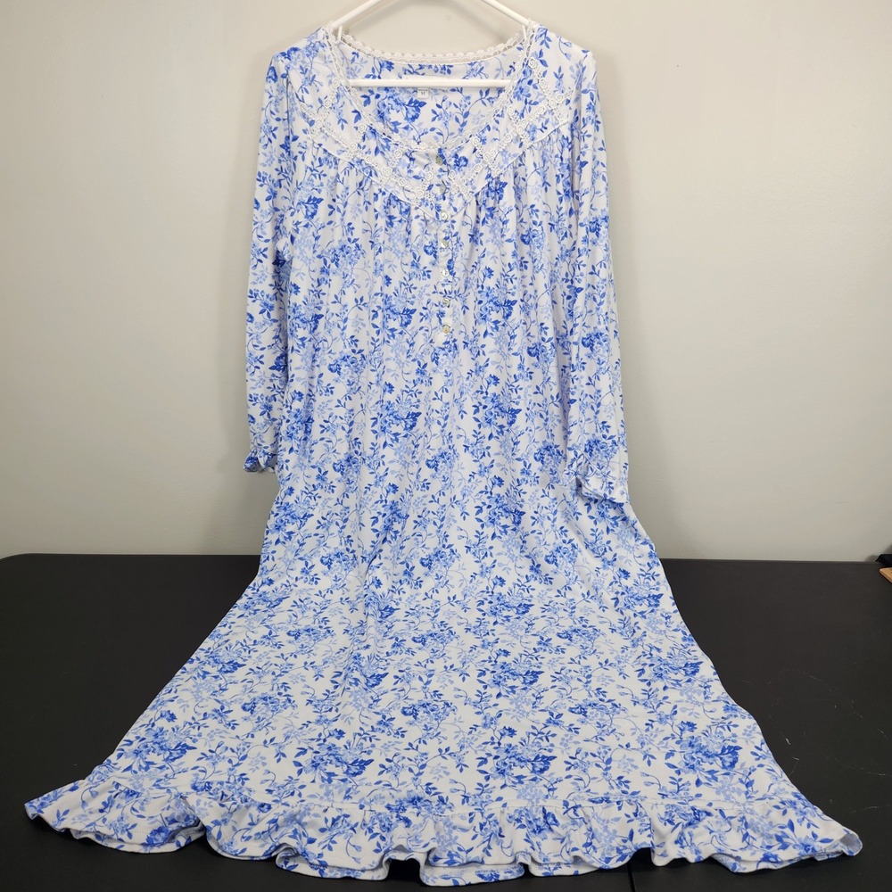 Eileen West Blue White Floral Lace Trim Long Sleeve Nightgown M Cottagecore